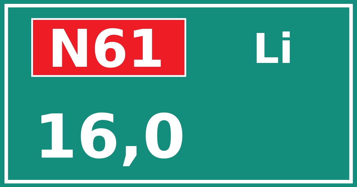 Hectometerbord N61 16,0 zijde Li