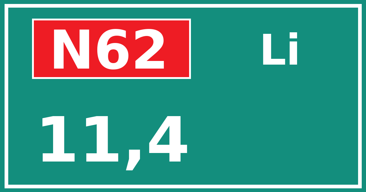 Hectometerbord N62 11,4 zijde Li