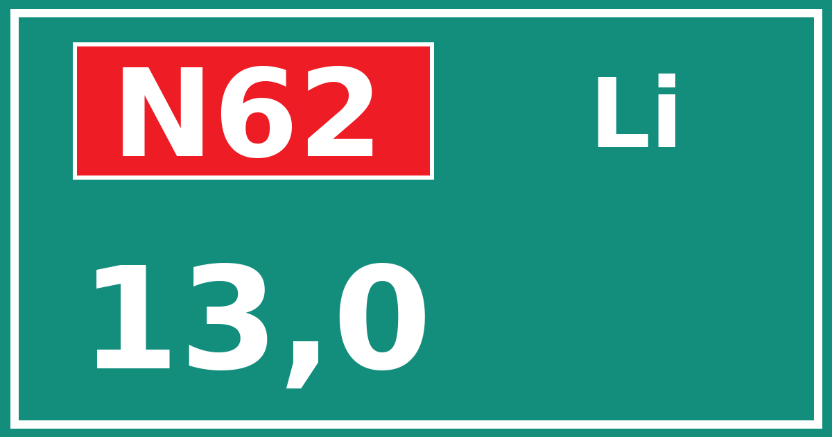 Hectometerbord N62 13,0 zijde Li