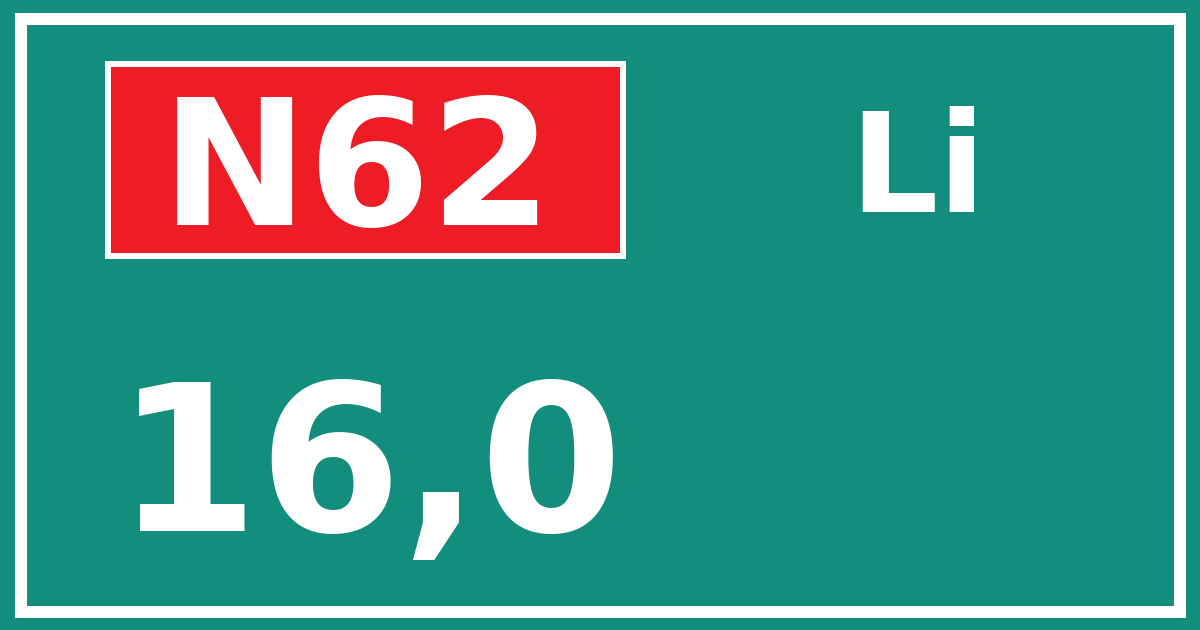 Hectometerbord N62 16,0 zijde Li
