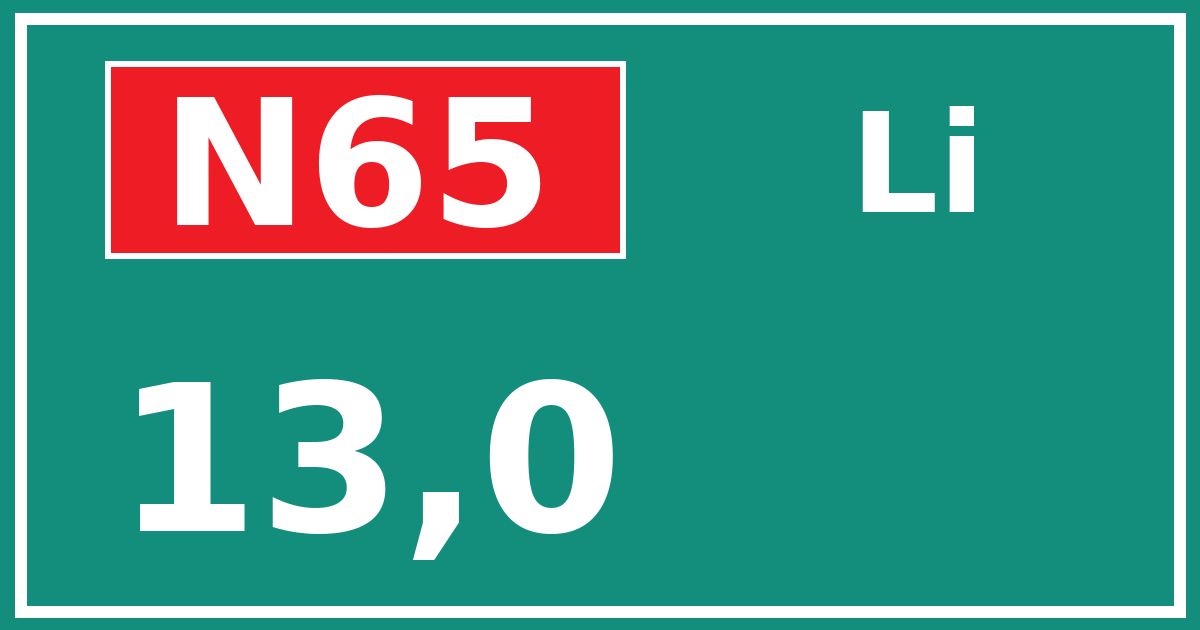 Hectometerbord N65 13,0 zijde Li