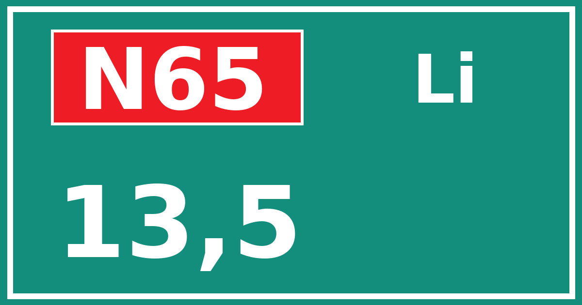 Hectometerbord N65 13,5 zijde Li