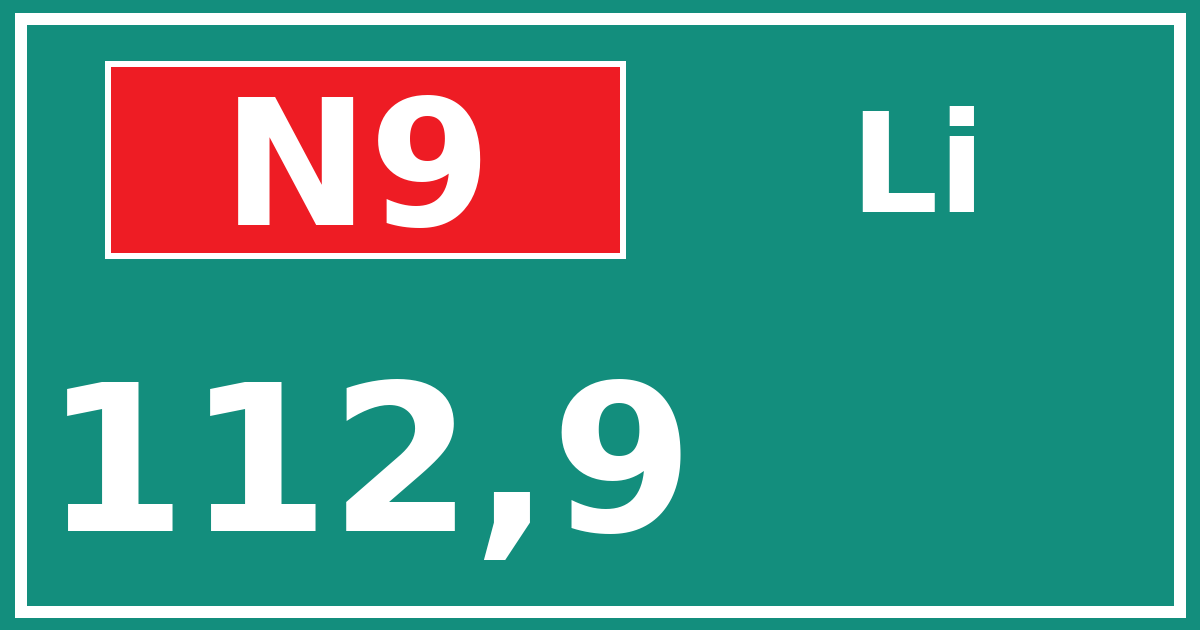 Hectometerbord N9 112,9 zijde Li