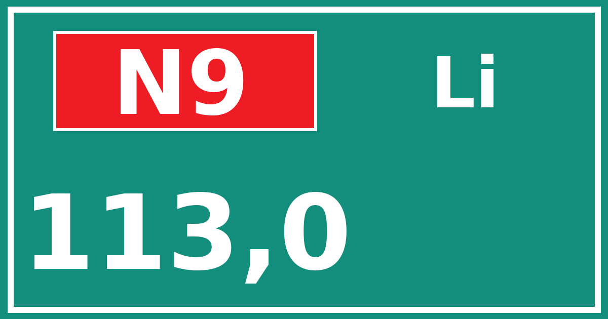 Hectometerbord N9 113,0 zijde Li